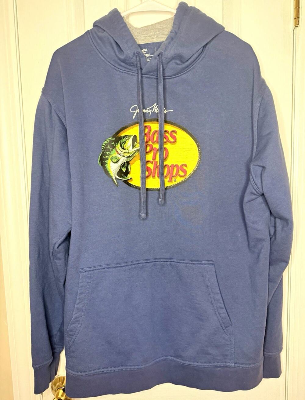 Bass Pro Shops Johnny Morris Graphic Logo Pullover Hoodie Blue Size Large